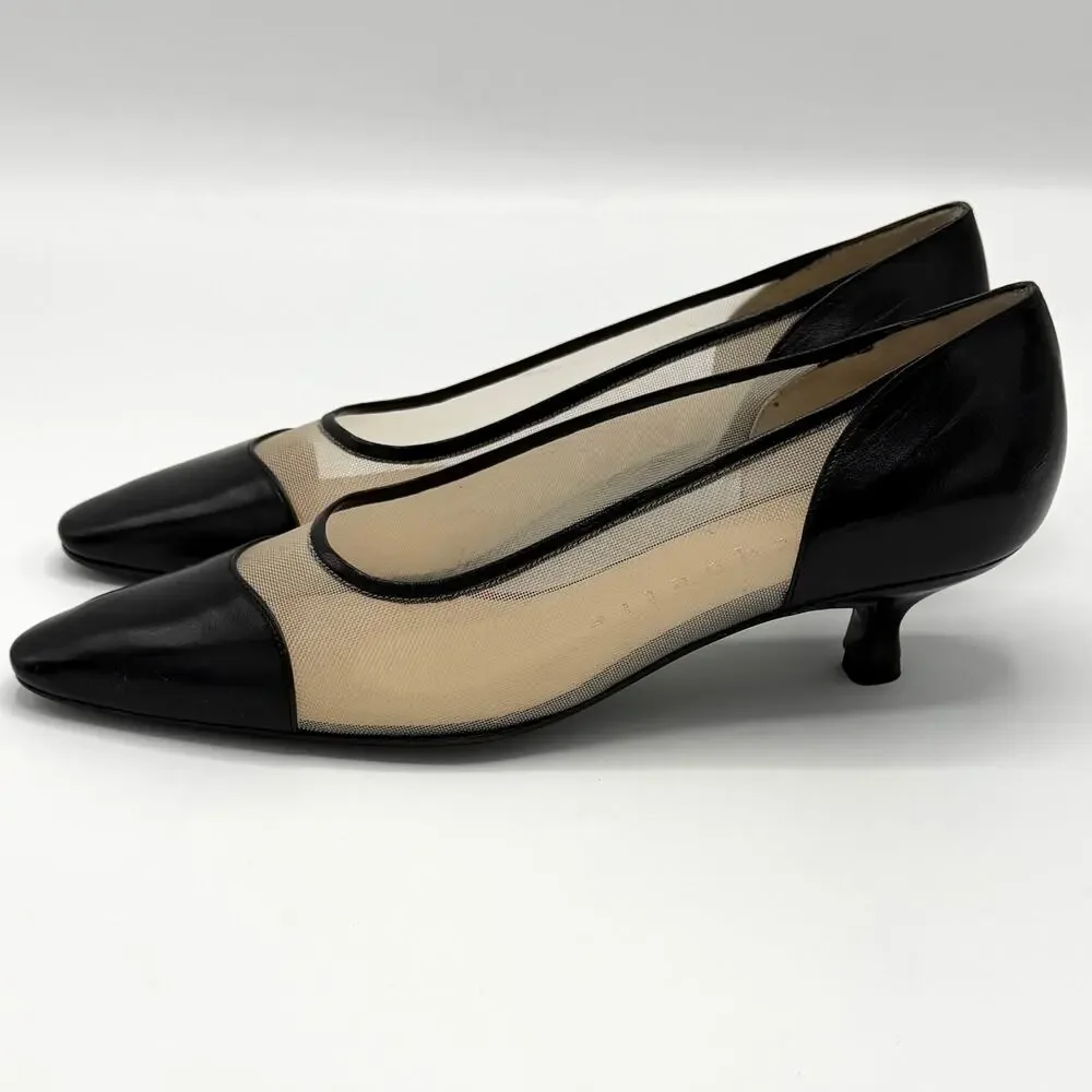 NEW Cocquette Black Leather Mesh Kitten Heels 35.5 Italy Cap Toe Pumps